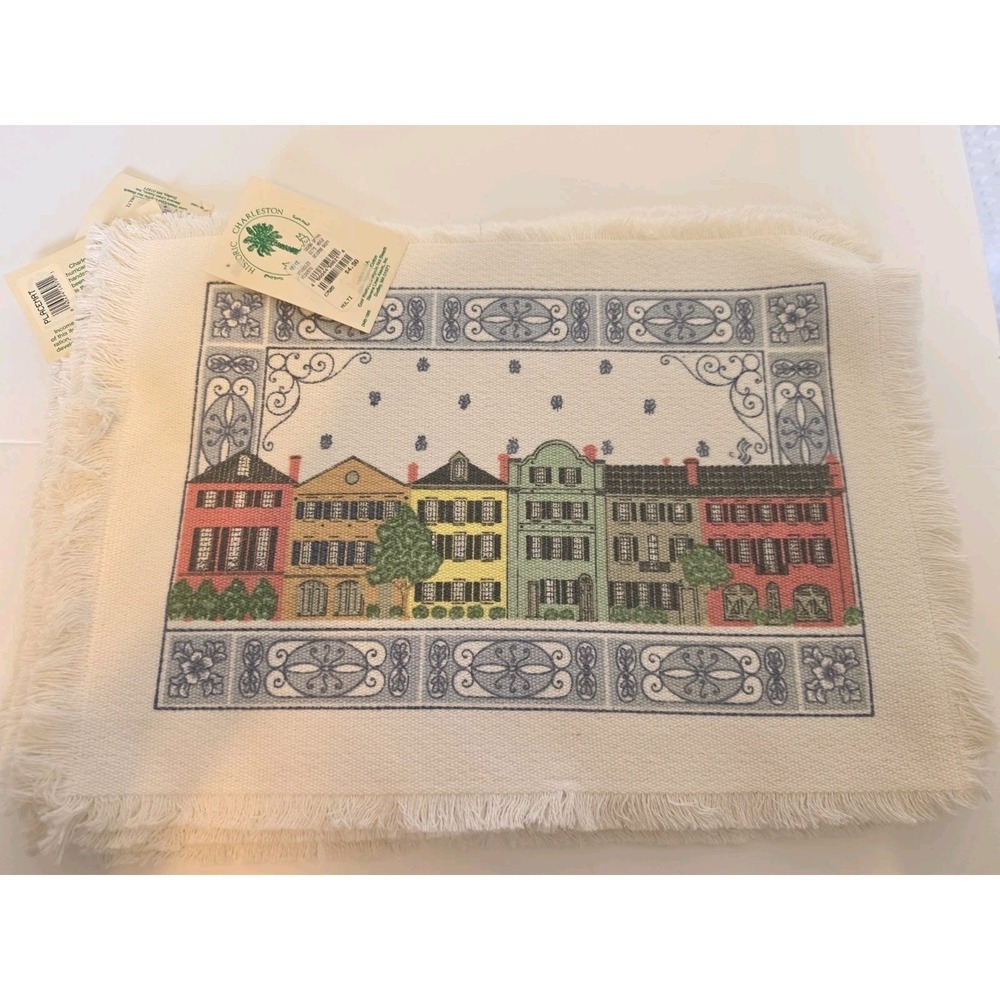 Vintage Charleston Rainbow Row Woven Placemats Set Historic Home Decor